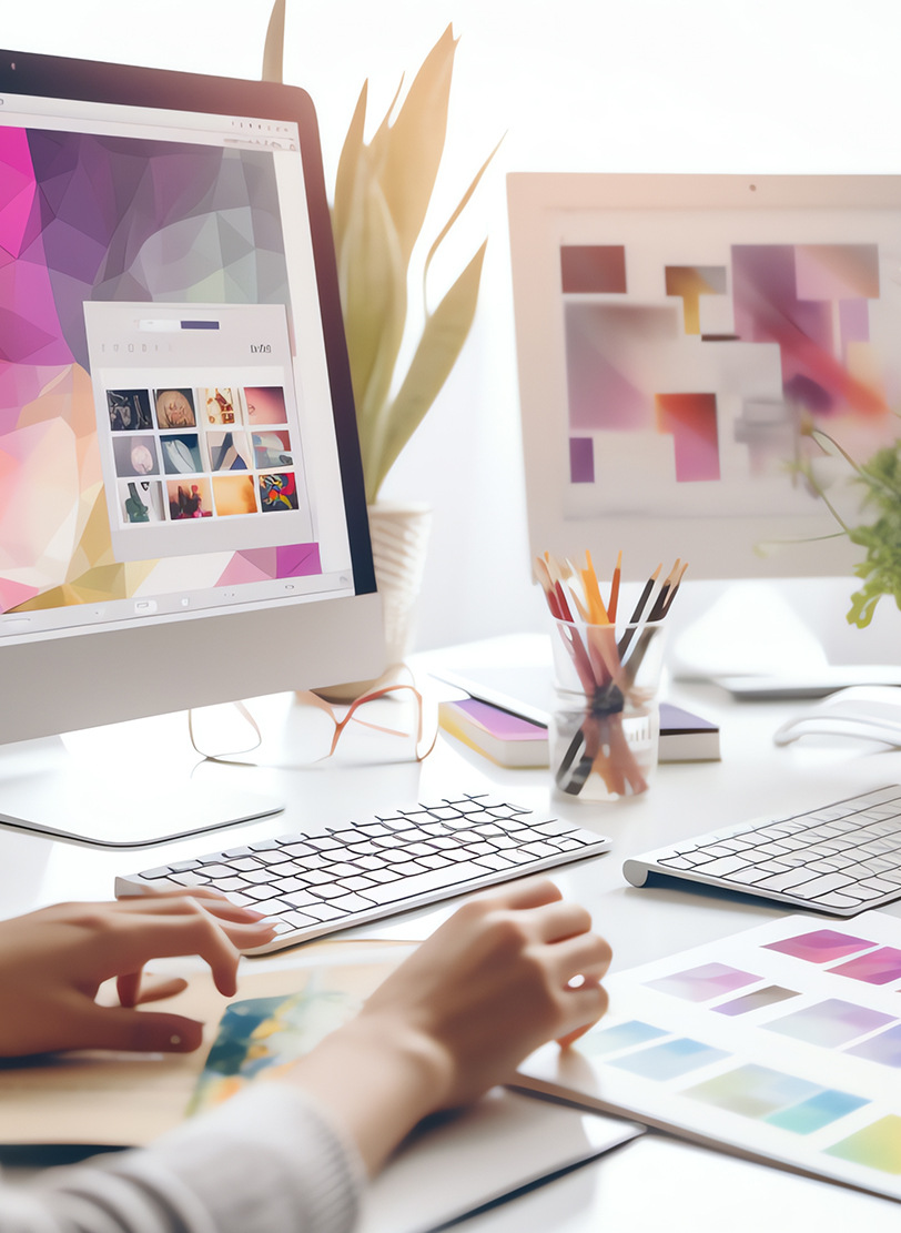 Designer at a desktop computer showing a photo grid, with printed colour swatches alongside