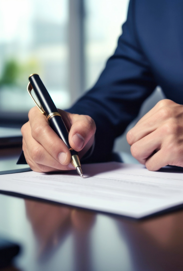 Close-up of hands in a dark suit signing a printed document with a black pen