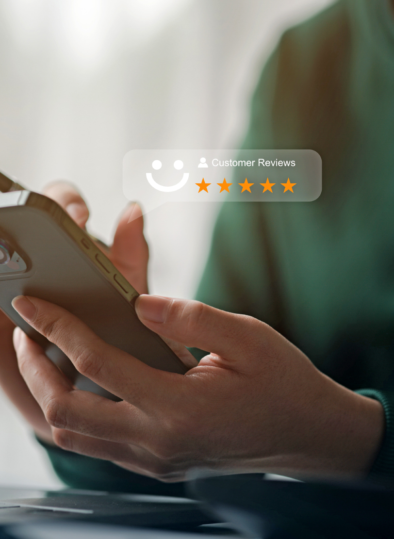 Hands holding a phone with a five-star Customer Reviews rating card overlaid