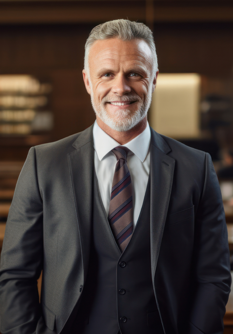Grey-haired man in a three-piece suit and striped tie smiling in a wood-panelled courtroom