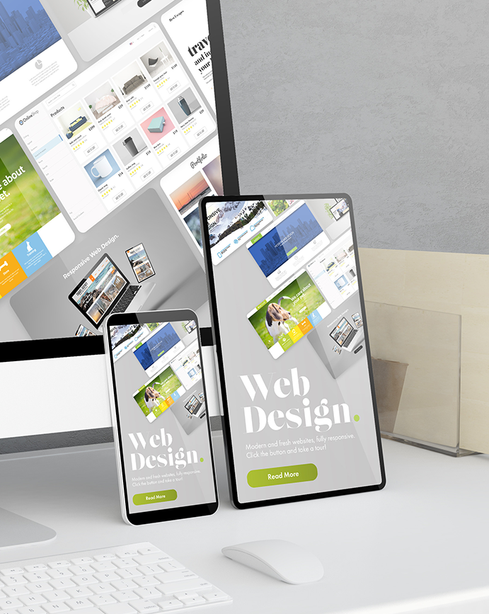 Tablet, phone and monitor on a desk showing website layouts headed Web Design, modern fully responsive websites